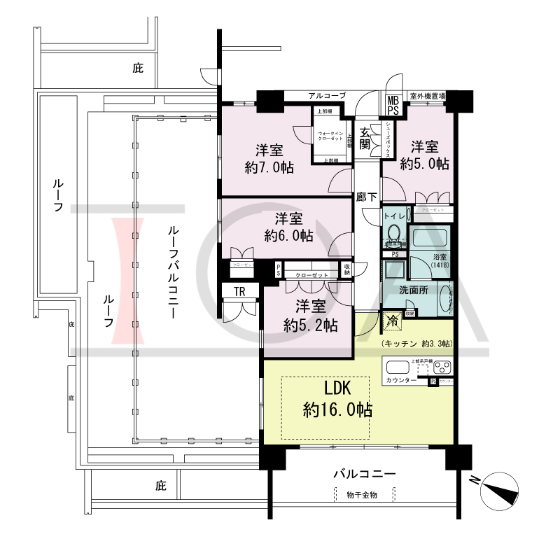 ワコーレシティ神戸元町の間取り図 西・北向き住戸
4LDK 専有面積 87.31m2
バルコニー面積 12.16m2
