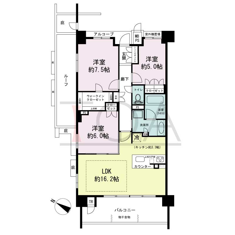 ワコーレシティ神戸元町の間取り図 西向き角住戸
3LDK 専有面積 78.81m2
バルコニー面積 11.46m2