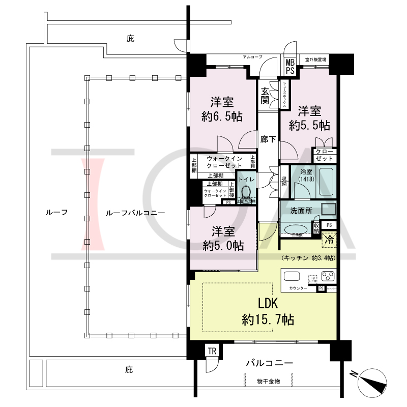 ワコーレシティ神戸元町の間取り図 西・北向き角住戸
3LDK 専有面積76.47m2
バルコニー面積 11.08m2