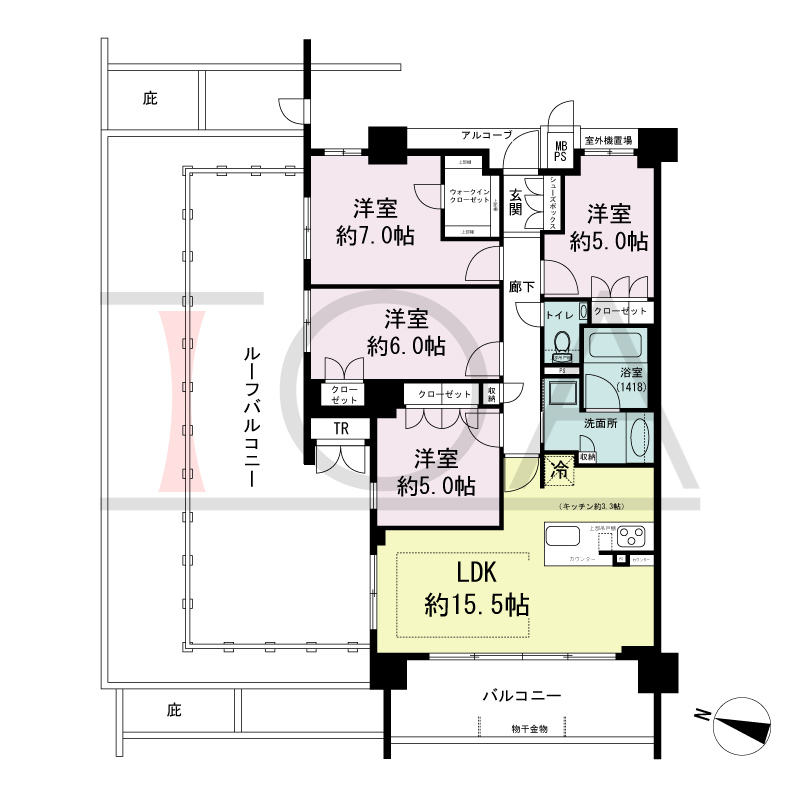 ワコーレシティ神戸元町の間取り図 西・北向き角住戸
4LDK 専有面積85.97m2
バルコニー面積11.78m2