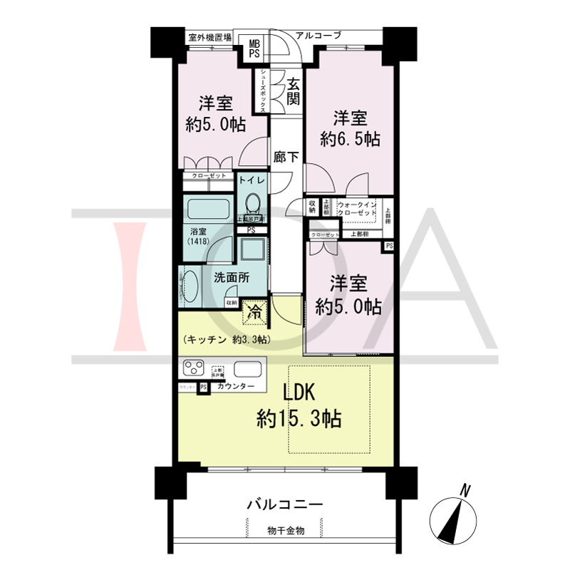 ワコーレシティ神戸元町の間取り図 南向き住戸
3LDK 専有面積 71.64m2
バルコニー面積 11.97m2