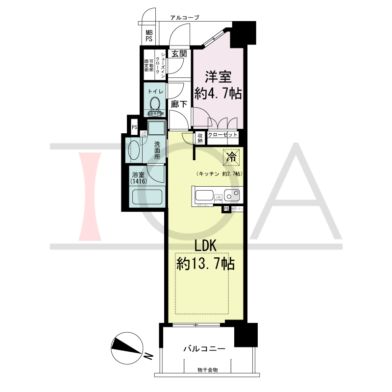 ワコーレシティ神戸元町の間取り図 東向き住戸
1LDK 専有面積 43.13m2
バルコニー面積 6.84m2