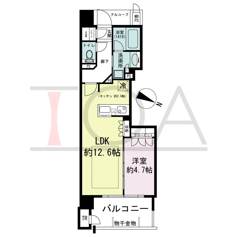 ワコーレシティ神戸元町の間取り図 東向き住戸
1LDK 専有面積 44.56m2
バルコニー面積 7.62m2
