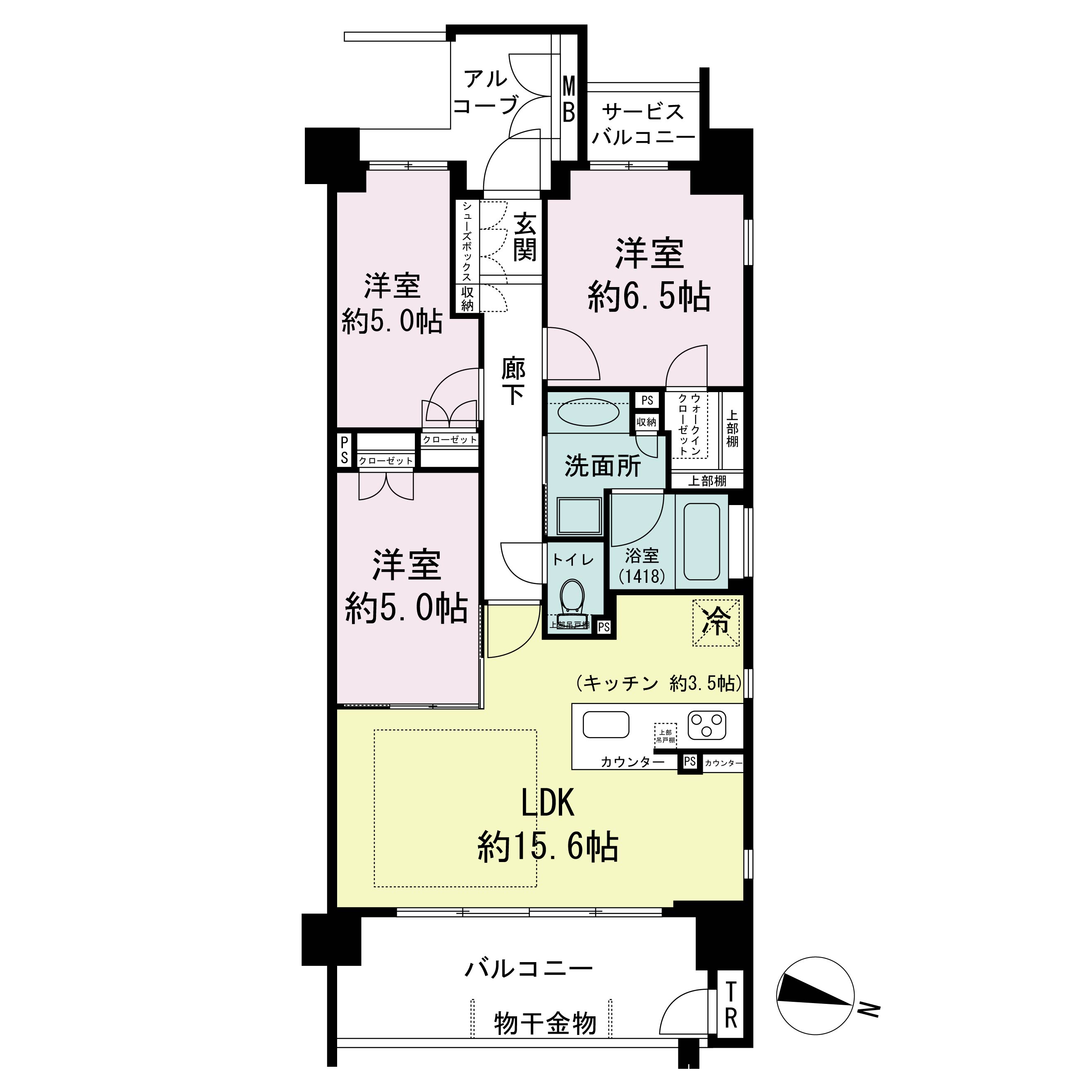 ワコーレシティ神戸元町の間取り図 東向き角住戸
3LDK 専有面積 71.73m2
バルコニー面積 10.85m2