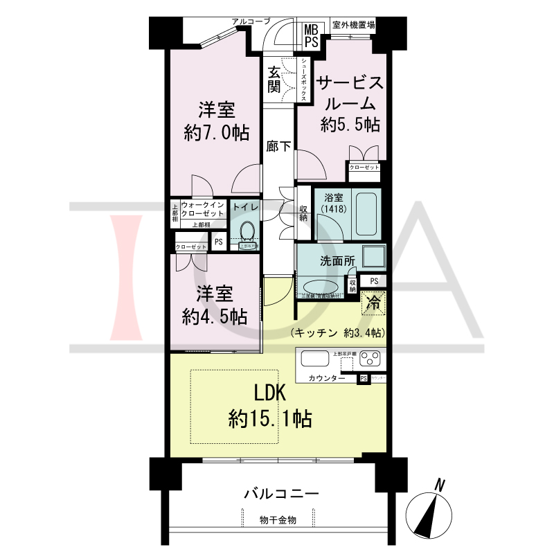 ワコーレシティ神戸元町の間取り図 南向き住戸
2LDK+S 専有面積 71.47m2
バルコニー面積 11.78m2