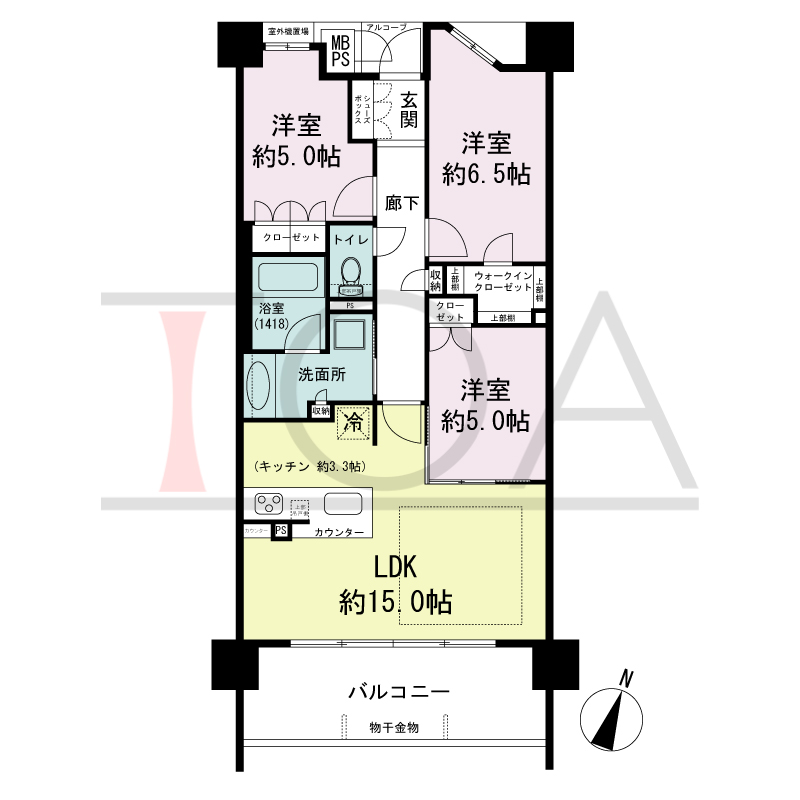 ワコーレシティ神戸元町の間取り図 南向き住戸
3LDK 専有面積 71.25m2
バルコニー面積 11.68m2