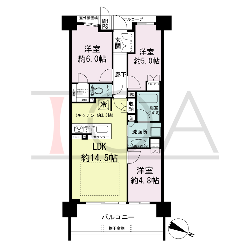 ワコーレシティ神戸元町の間取り図 東向き住戸
3LDK 専有面積 65.76m2
バルコニー面積 11.21m2