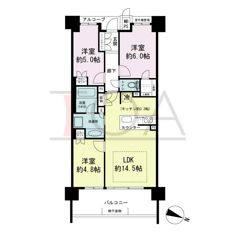 ワコーレシティ神戸元町の間取り図 東向き住戸
3LDK 専有面積 65.77m2
バルコニー面積 11.21m2