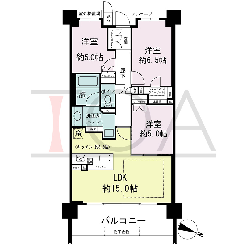 ワコーレシティ神戸元町の間取り図 東向き住戸
3LDK 専有面積 70.29m2
バルコニー面積 11.97m2
