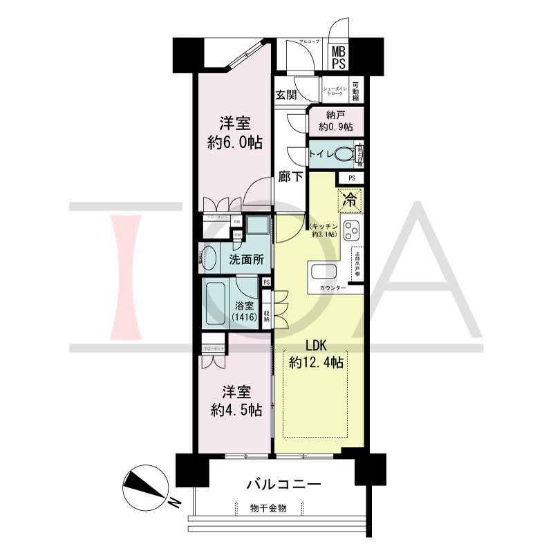 ワコーレシティ神戸元町の間取り図 東向き住戸
2LDK+N 専有面積 54.49m2
バルコニー面積 9.40m2