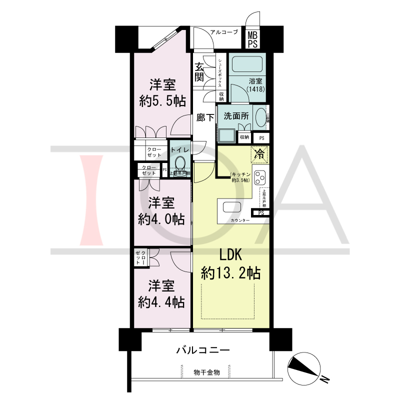 ワコーレシティ神戸元町の間取り図 東向き住戸
3LDK 専有面積 60.41m2
バルコニー面積 10.45m2