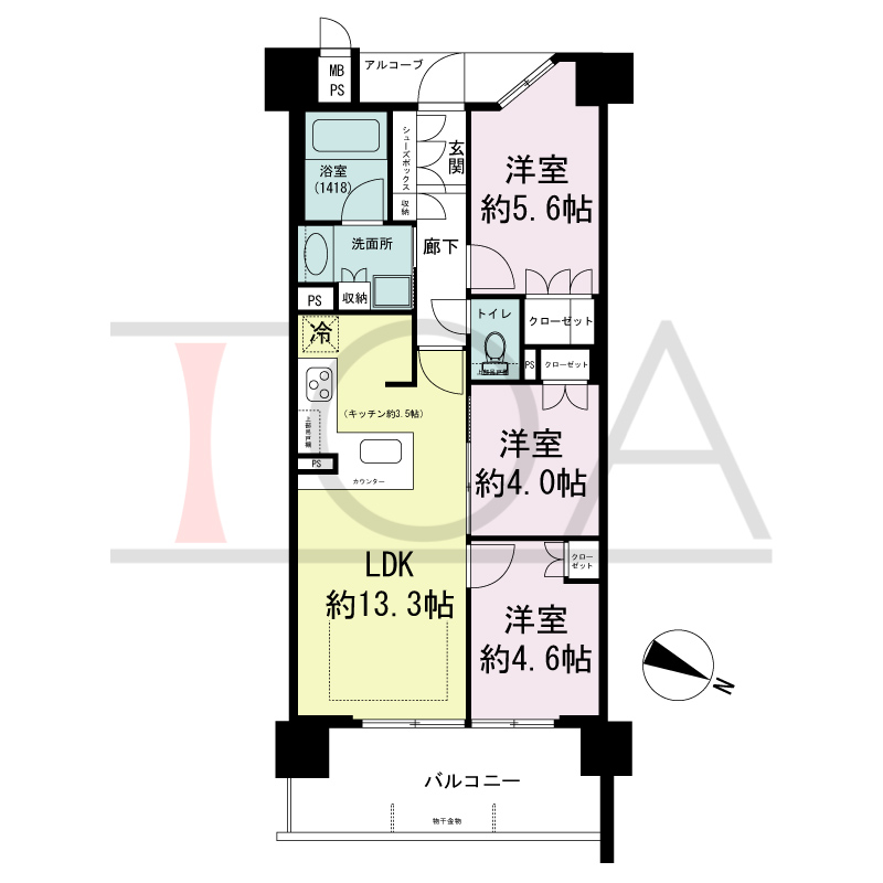 ワコーレシティ神戸元町の間取り図 東向き住戸
3LDK 専有面積 60.90m2
バルコニー面積 10.45m2
