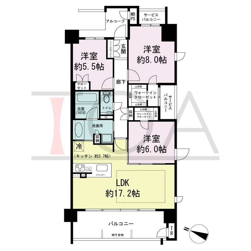 ワコーレシティ神戸元町の間取り図 南向き角住戸
3LDK 専有面積 84.34m2
バルコニー面積 12.28m2
