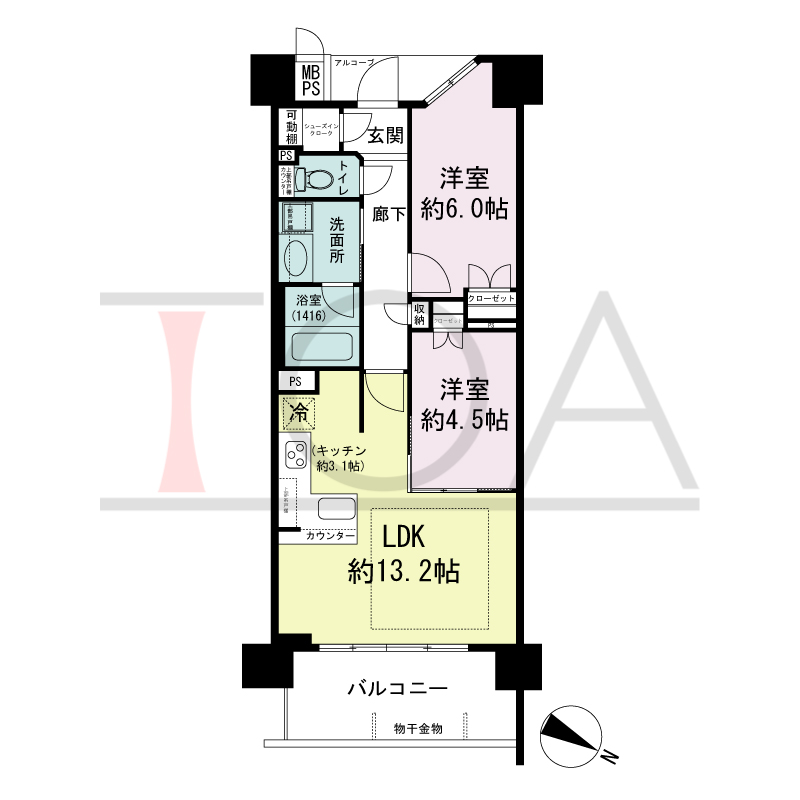 ワコーレシティ神戸元町の間取り図 東向き住戸
2LDK 専有面積 54.89m2
バルコニー面積 8.83m2