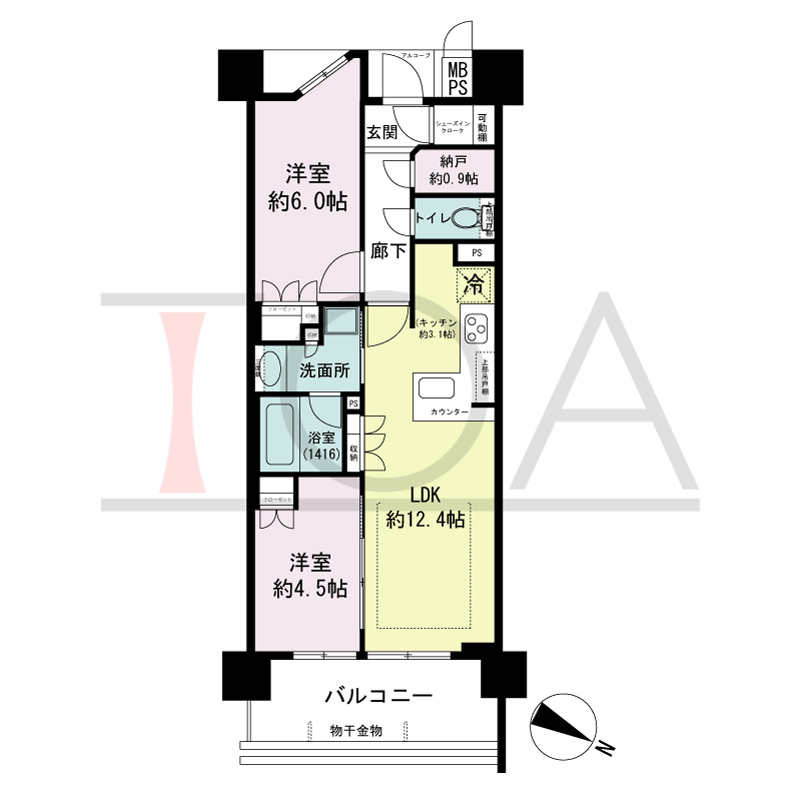 ワコーレシティ神戸元町の間取り図 東向き住戸
2LDK+N 専有面積 54.49m2
バルコニー面積 9.40m2