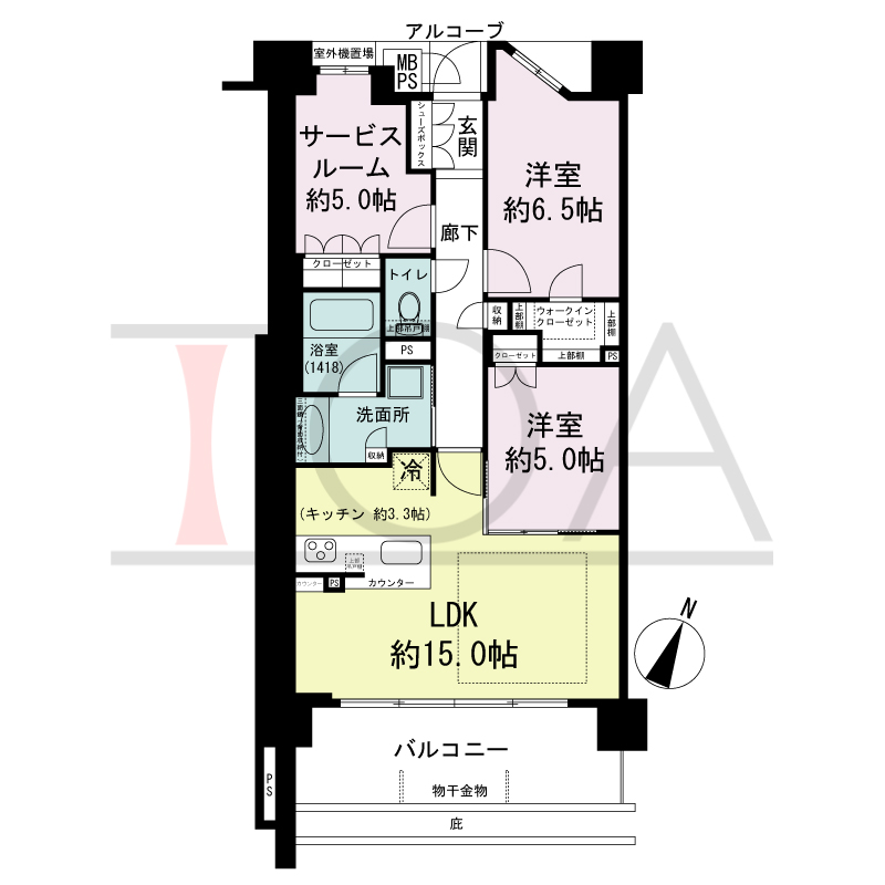 ワコーレシティ神戸元町の間取り図 南向き住戸
2LDK+S 専有面積 71.25m2
バルコニー面積 11.68m2