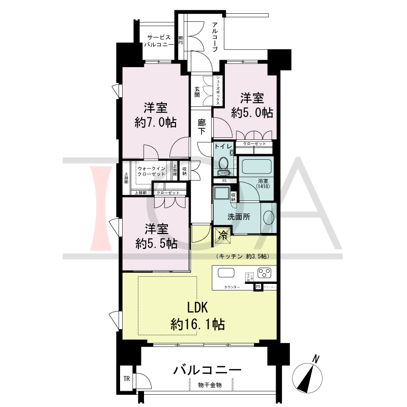 ワコーレシティ神戸元町の間取り図 南向き角住戸
3LDK 専有面積 77.17m2
バルコニー面積 11.33m2