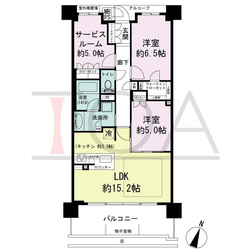 ワコーレシティ神戸元町の間取り図 南向き住戸
2LDK+S 専有面積 71.64m2
バルコニー面積 12.04m2