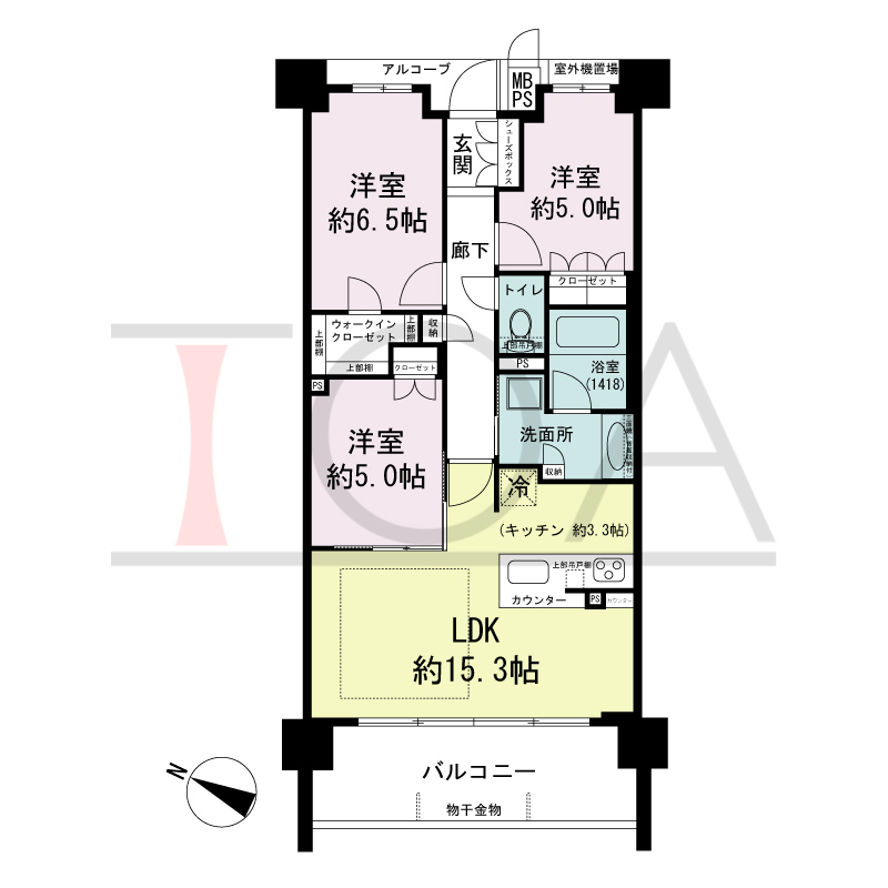 ワコーレシティ神戸元町の間取り図 南西向き住戸
3LDK 専有面積 71.64m2
バルコニー面積 11.78m2