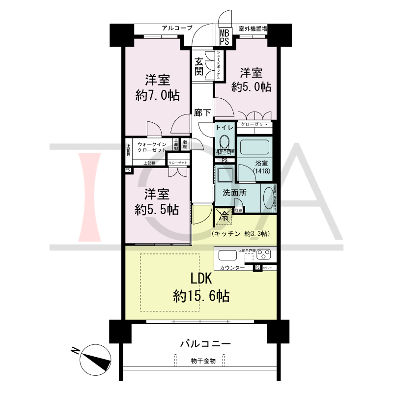 ワコーレシティ神戸元町の間取り図 南西向き住戸
3LDK 専有面積 73.98m2
バルコニー面積 12.16m2