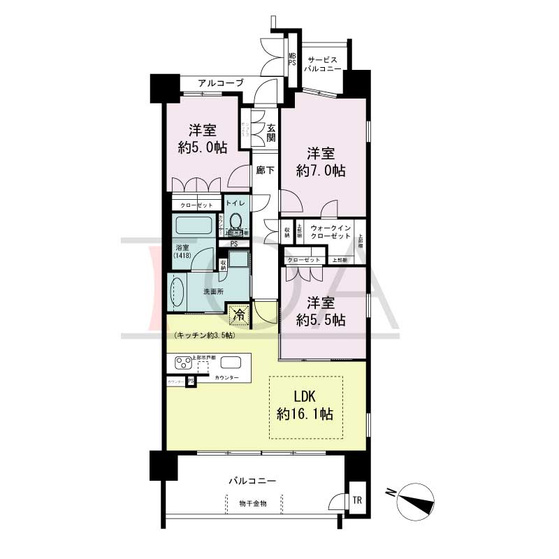ワコーレシティ神戸元町の間取り図 南西向き角住戸
3LDK 専有面積 77.01m2
バルコニー面積 11.33m2