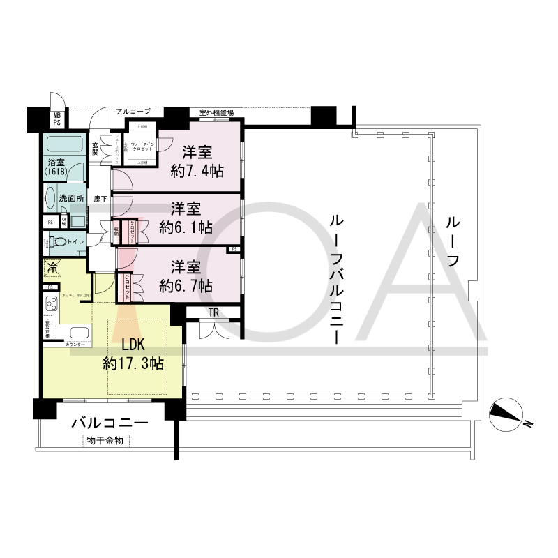 ワコーレシティ神戸元町の間取り図 東・北西向き角住戸
3LDK 専有面積 83.10m2
バルコニー面積 10.45m2
