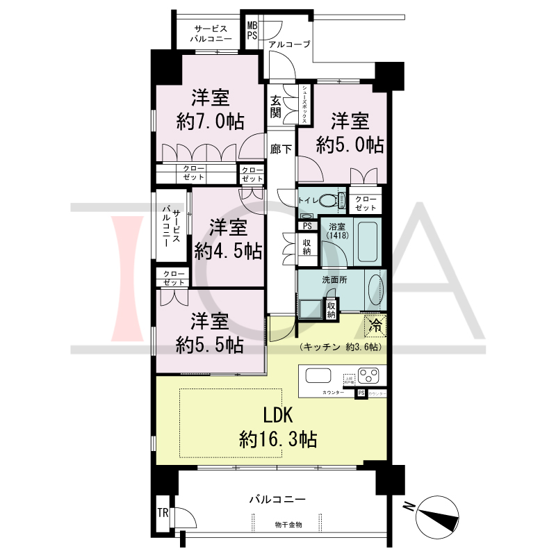 ワコーレシティ神戸元町の間取り図 南西向き角住戸
4LDK 専有面積 84.63m2
バルコニー面積 12.37m2