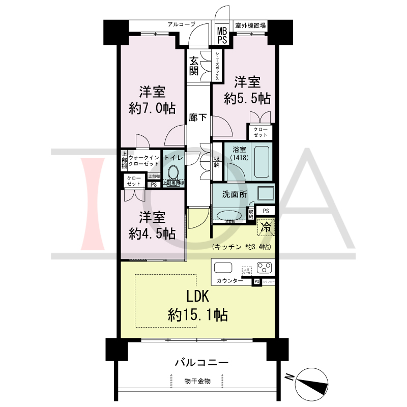 ワコーレシティ神戸元町の間取り図 南西向き住戸
3LDK 専有面積 71.64m2
バルコニー面積 11.78m2