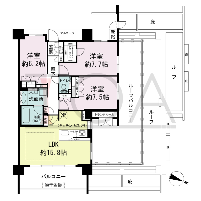ワコーレシティ神戸元町の間取り図 東・北西向き角住戸
3LDK 専有面積 84.35m2
バルコニー面積 11.21m2
