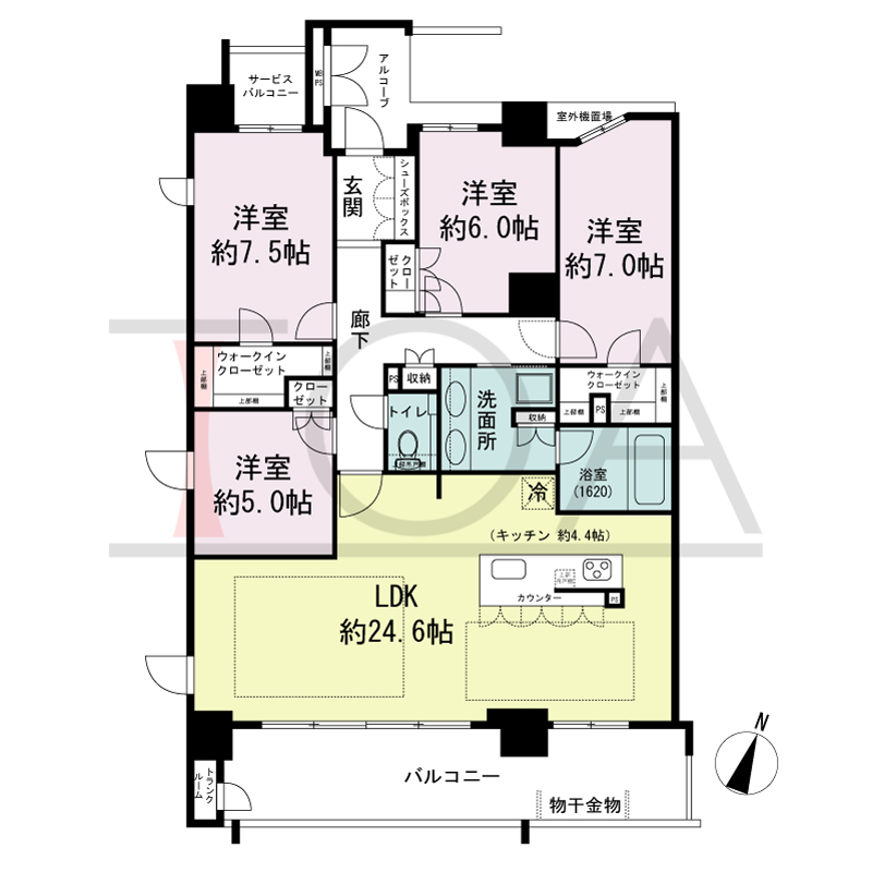 ワコーレシティ神戸元町の間取り図 南向き角住戸
4LDK 専有面積 111.02m2
バルコニー面積 17.22m2