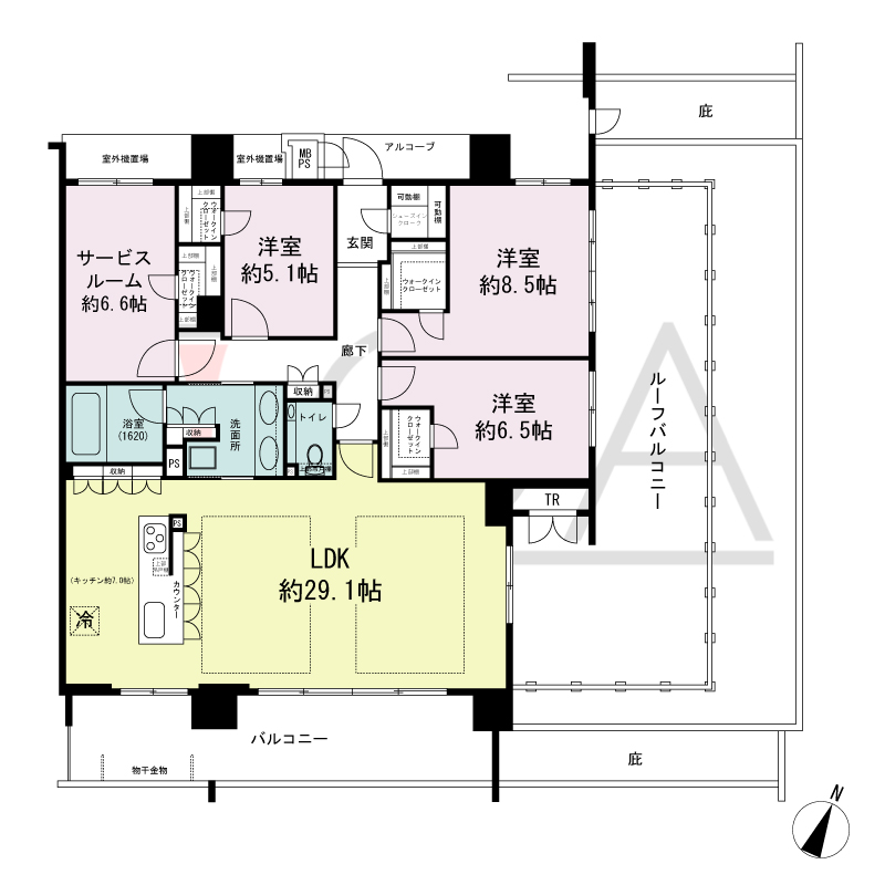ワコーレシティ神戸元町の間取り図 南・東向き角住戸
3LDK+S 専有面積 122.98m2
バルコニー面積 17.57m2