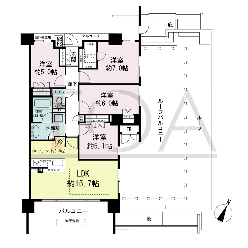 ワコーレシティ神戸元町の間取り図 南・東向き角住戸
4LDK 専有面積86.35m2
バルコニー面積 11.97m2