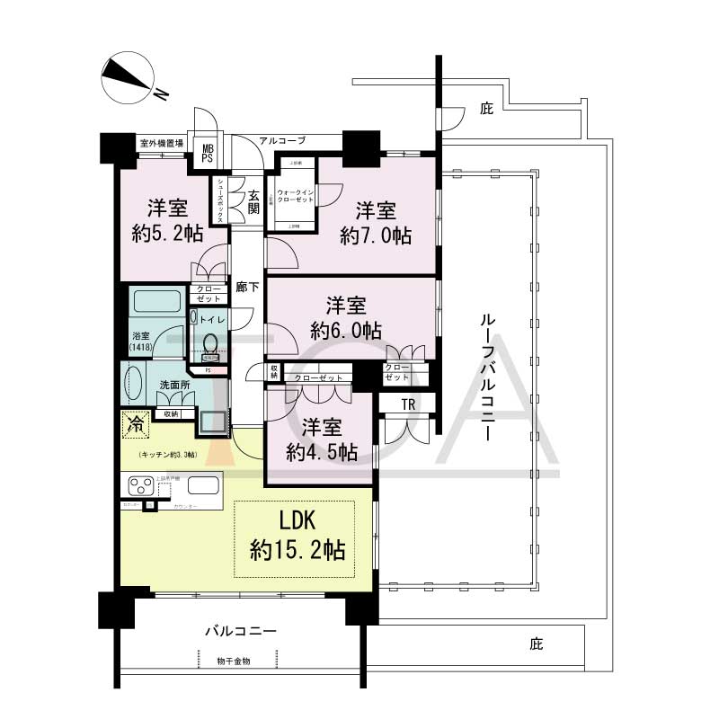 ワコーレシティ神戸元町の間取り図 東・北西向き角住戸
4LDK 専有面積 85.22m2
バルコニー面積 11.97m2