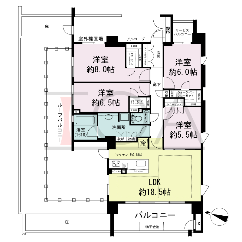ワコーレシティ神戸元町の間取り図 南西・北西向き角住戸
4LDK 専有面積 100.19m2
バルコニー面積 11.33m2