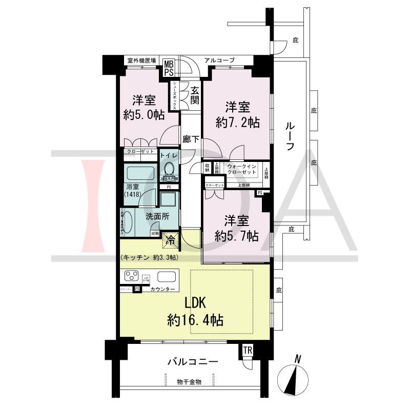 ワコーレシティ神戸元町の間取り図 南向き角住戸
3LDK 専有面積 77.33m2
バルコニー面積 11.30m2