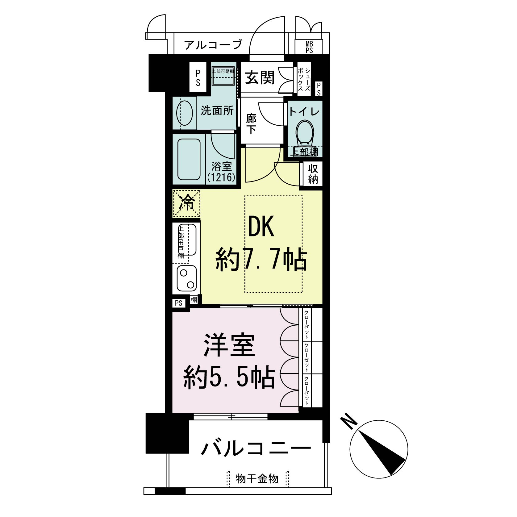ワコーレ神戸元町Ｉ’ｚ（ワコーレ神戸元町アイズ）の間取り図 南向き住戸
1DK 専有面積　34.32m2
バルコニー面積　7.02m2