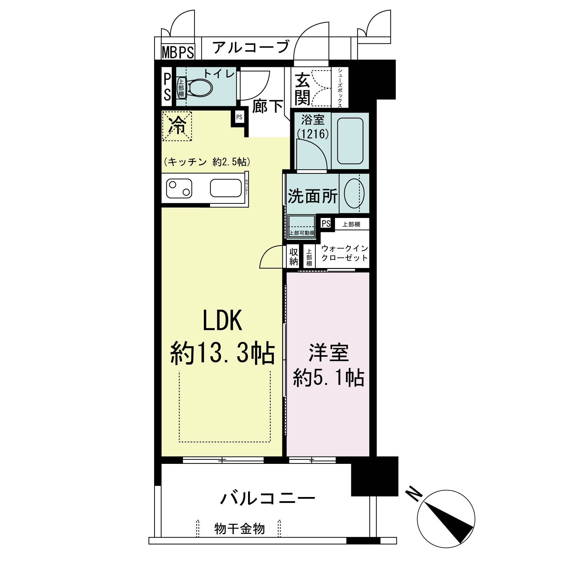 ワコーレ神戸元町Ｉ’ｚ（ワコーレ神戸元町アイズ）の間取り図 南向き住戸
1LDK 専有面積　42.24m2
バルコニー面積　8.64m2