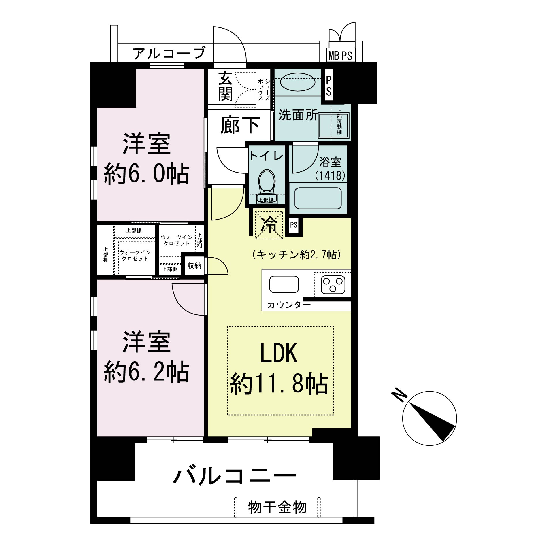 ワコーレ神戸元町Ｉ’ｚ（ワコーレ神戸元町アイズ）の間取り図 南向き角住戸
2LDK　専有面積　53.68m2
バルコニー面積　10.98m2