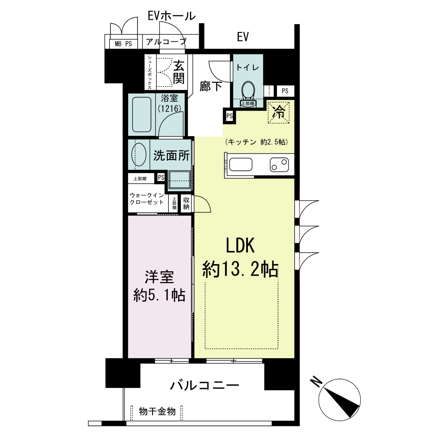 ワコーレ神戸元町Ｉ’ｚ（ワコーレ神戸元町アイズ）の間取り図 南向き角住戸
1LDK 専有面積　43.56m2
バルコニー面積　8.91m2