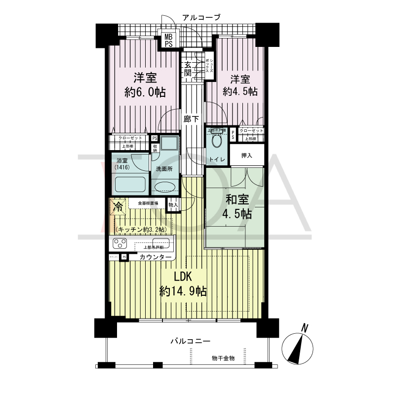 ワコーレ神戸上筒井 ゆりのき通りの間取り図 南向き住戸
3LDK 専有面積 63.81m2
バルコニー面積 10.28m2