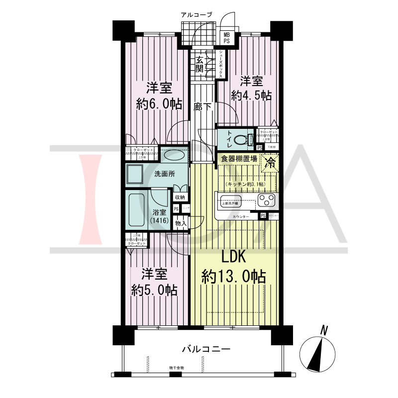 ワコーレ神戸上筒井 ゆりのき通りの間取り図 南向き角住戸
3LDK+F 専有面積 83.41m2
バルコニー面積 9.01m2