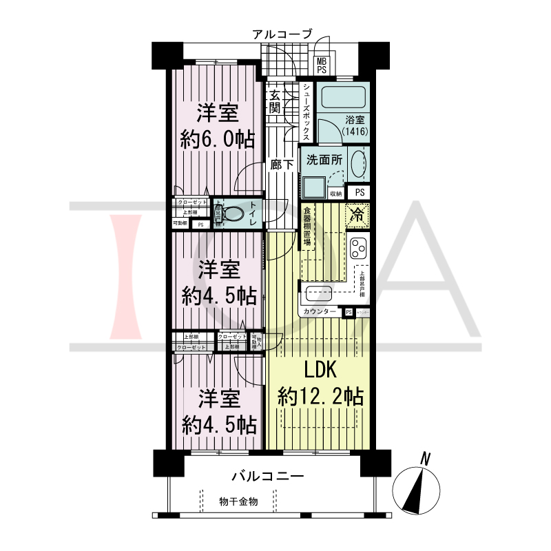 ワコーレ神戸上筒井 ゆりのき通りの間取り図 南向き住戸
3LDK 専有面積 59.06m2
バルコニー面積 9.60m2