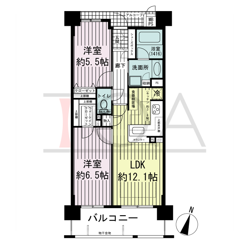 ワコーレ神戸上筒井 ゆりのき通りの間取り図 南向き住戸
2LDK 専有面積 55.31m2
バルコニー面積 9.01m2