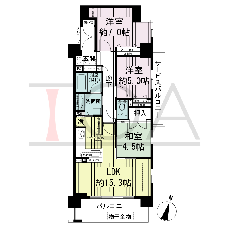 ワコーレ神戸上筒井 ゆりのき通りの間取り図 南向き角住戸
3LDK 専有面積 72.61m2
バルコニー面積 9.01m2