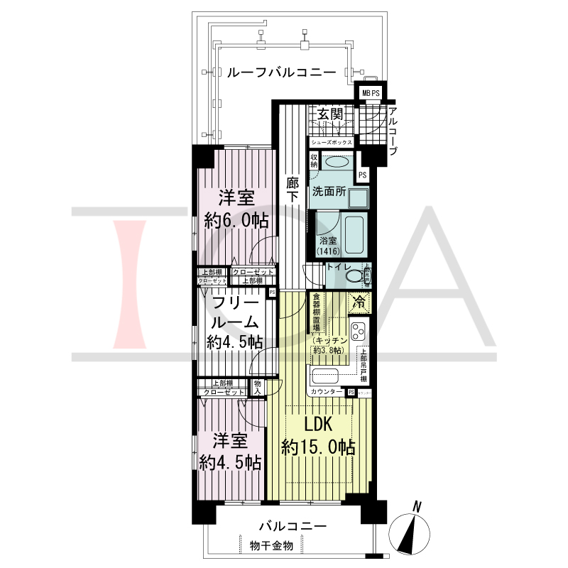 ワコーレ神戸上筒井 ゆりのき通りの間取り図 南向き角住戸
2LDK+F 専有面積65.80m2
バルコニー面積 9.01m2