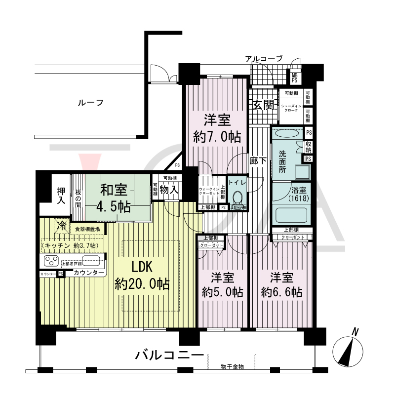 ワコーレ神戸上筒井 ゆりのき通りの間取り図 南・北向き住戸
4LDK 専有面積 98.94m2
バルコニー面積 19.29m2