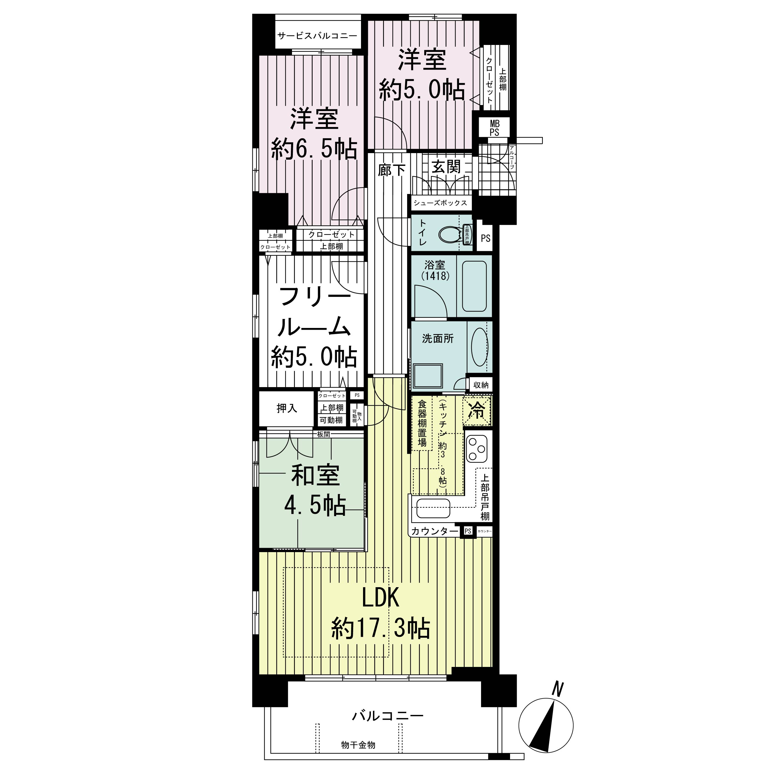 ワコーレ神戸上筒井 ゆりのき通りの間取り図 南向き角住戸
3LDK+F 専有面積 83.41m2
バルコニー面積 9.01m2