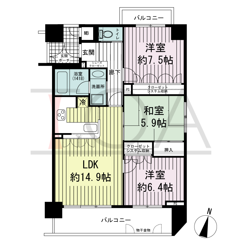 リーガル神戸下山手の間取り図 南向き角住戸
3LDK 専有面積　76.35m2
バルコニー面積　13.61m2