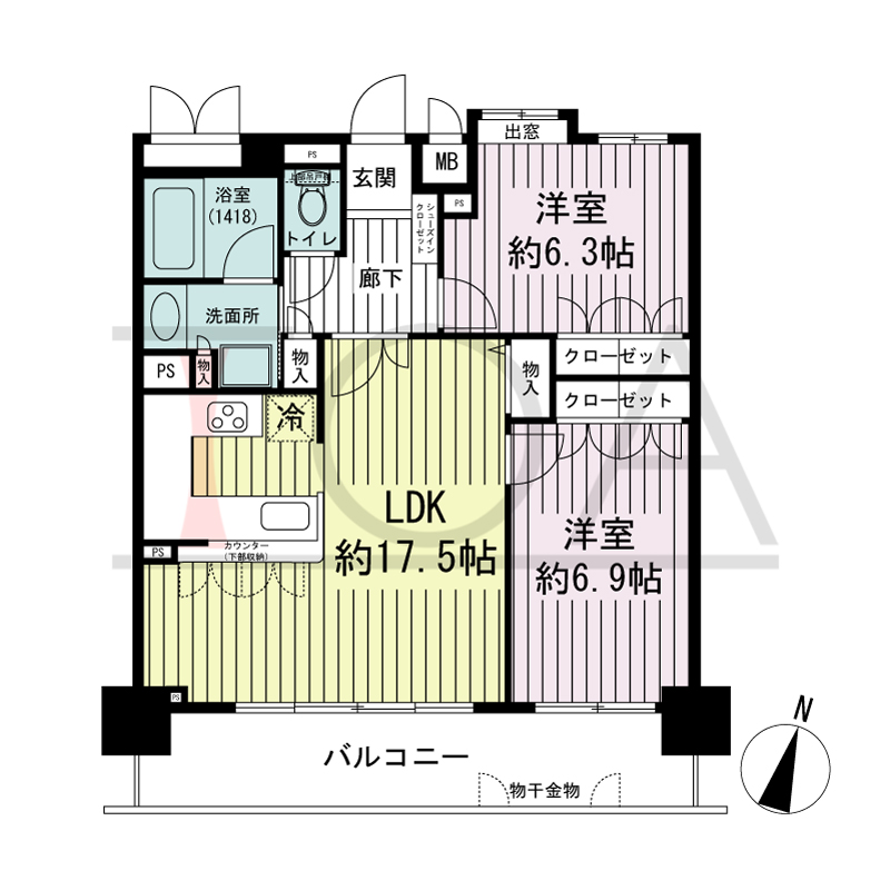リーガル神戸下山手の間取り図 南向き住戸
2LDK 専有面積　65.45m2
バルコニー面積　12.40m2