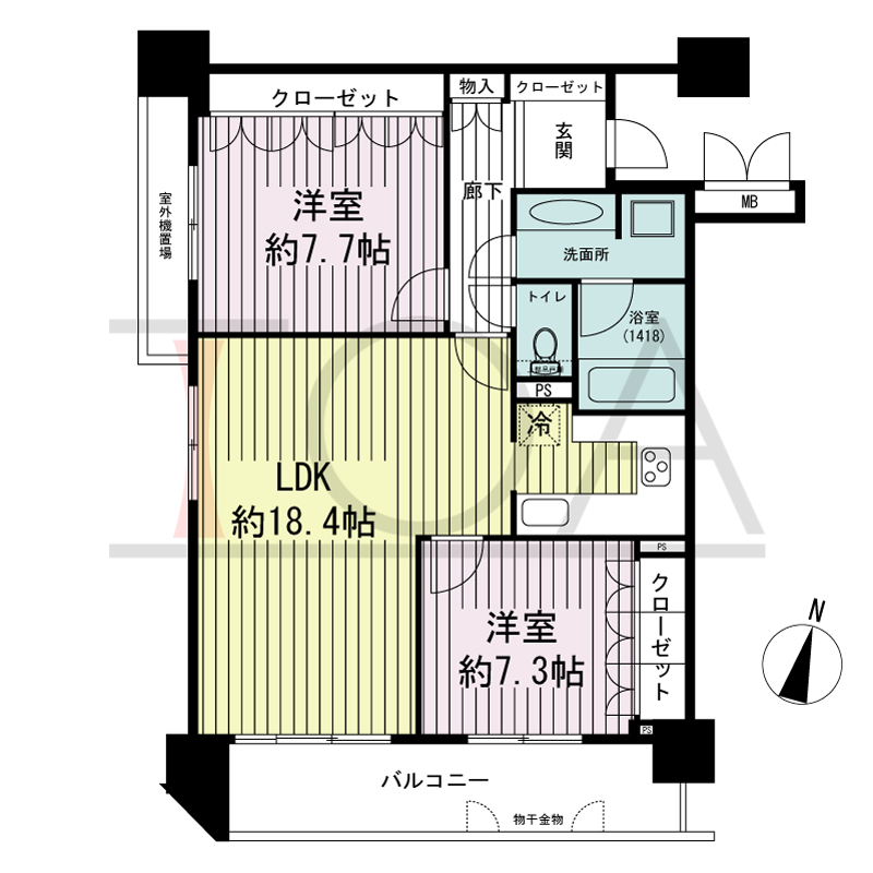 リーガル神戸下山手の間取り図 南向き住戸
2LDK 専有面積　72.24m2
バルコニー面積　10.61m2